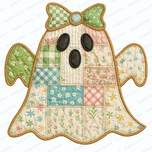 May include: A quilted ghost applique with a patchwork design. The ghost features a green and white checkered bow, black oval eyes and mouth, and a beige border. The patchwork includes floral and gingham patterns in pastel colors.