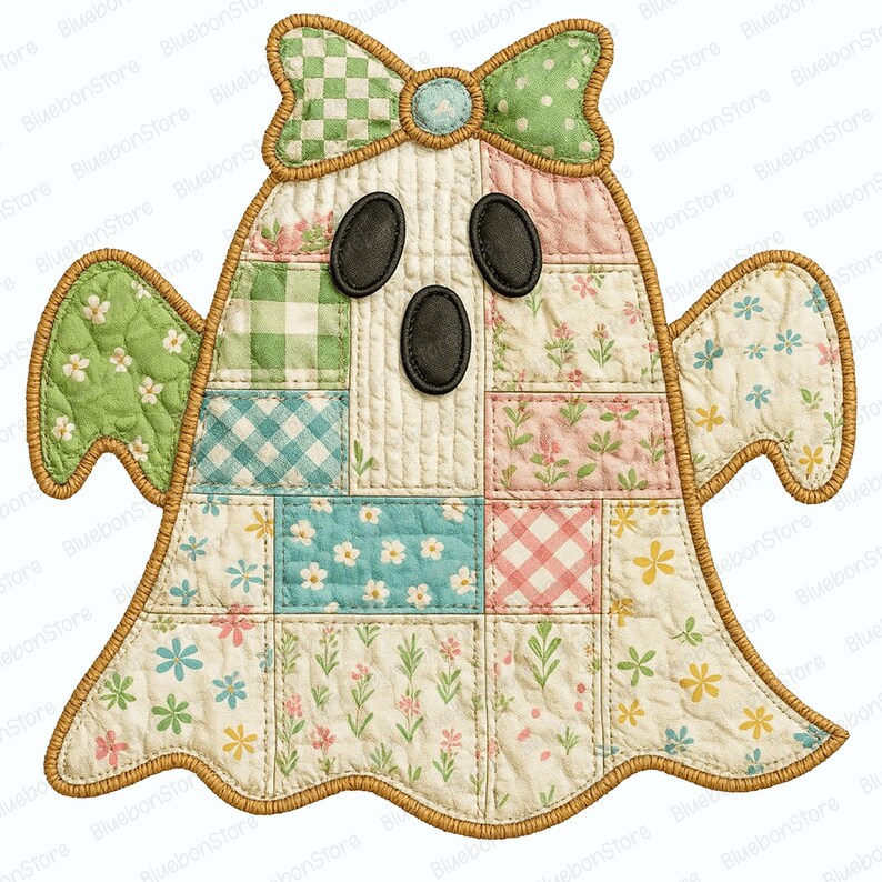 May include: A quilted ghost applique with a patchwork design. The ghost features a green and white checkered bow, black oval eyes and mouth, and a beige border. The patchwork includes floral and gingham patterns in pastel colors.