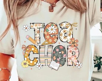 Teacher Autumn Png, Retro Floral Teacher Shirt Design, Cute Back To School Sublimation Png, Fall Teacher Aesthetic PNG, Digital Download