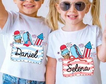 Nombre de niño PNG para el 4 de julio, sublimación personalizada para niño y niña, clipart de perrito caliente con helado de fuegos artificiales, diseño de camiseta personalizada para el Día de la Independencia