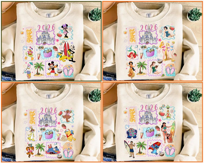 May include: Beige sweatshirt with colorful Disney-themed graphics. The design includes the text "2026" and various characters, a castle, and summer-themed icons. The sweatshirt has long sleeves and a crew neck.