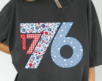 1776 PNG, Florale patriotische Zahlen, 4. Juli Sublimationsdesign, Rot-Weiß-Blau-Clipart, Vintage-Unabhängigkeitstag-Shirt PNG