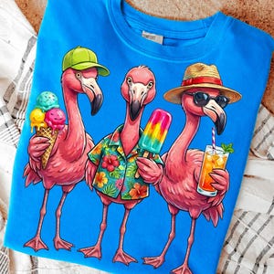 May include: A blue sweatshirt featuring three cartoon flamingos. One flamingo wears a green cap and holds an ice cream cone. Another wears a Hawaiian shirt and holds a popsicle. The third wears sunglasses and a straw hat, holding a drink.