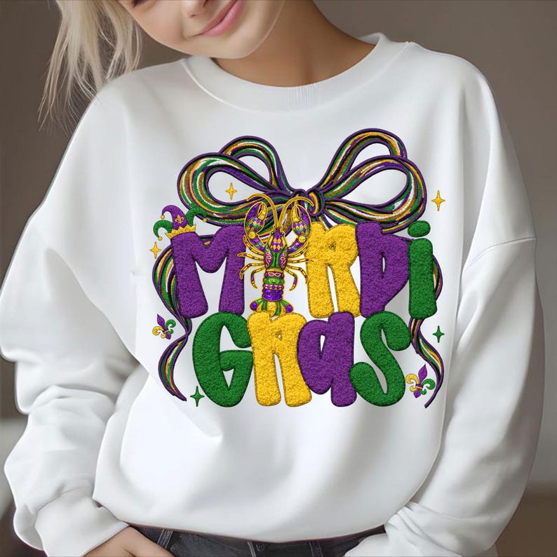 May include: White sweatshirt with a colorful Mardi Gras design. The graphic features the words "Mardi Gras" in purple, yellow, and green, with a bow and a crawfish in the center. The design includes stars and fleur-de-lis.