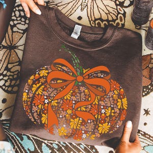 Floral Pumpkin Png, Fall Pumpkin With Bow Png, Autumn Flower Png Design, Cute Thanksgiving Shirt Png, Fall Aesthetic Png