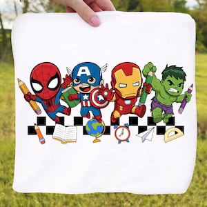 May include: White square fabric featuring cartoon illustrations of Spider-Man, Captain America, Iron Man, and the Hulk, each holding a pencil. The design includes school-themed elements like a globe, book, and clock.