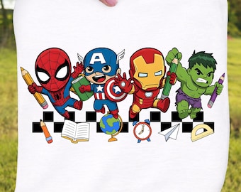 May include: White square fabric featuring cartoon illustrations of Spider-Man, Captain America, Iron Man, and the Hulk, each holding a pencil. The design includes school-themed elements like a globe, book, and clock.