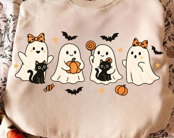 Fall Ghost Cat Halloween Png, Pastel Spooky Sublimation Design, Boo Squad Png, Retro Spooky Ghost Png, Cat Lovers Png Digital