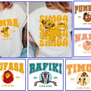 May include: Six different t-shirt designs featuring characters from the Lion King movie. Each design features a different character, including Simba, Pumbaa, Nala, Mufasa, Rafiki, and Timon. The shirts are white with yellow, orange, and red text and graphics.