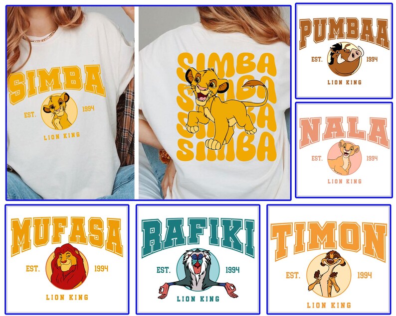 May include: Six different t-shirt designs featuring characters from the Lion King movie. Each design features a different character, including Simba, Pumbaa, Nala, Mufasa, Rafiki, and Timon. The shirts are white with yellow, orange, and red text and graphics.
