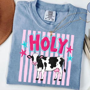 Puede incluir: Camiseta Comfort Colors azul claro con la palabra "HOLY" en rosa con contorno azul, estrellas rosas y azules, y un gr&aacute;fico de vaca en blanco y negro. La camiseta tiene cuello redondo y mangas cortas.