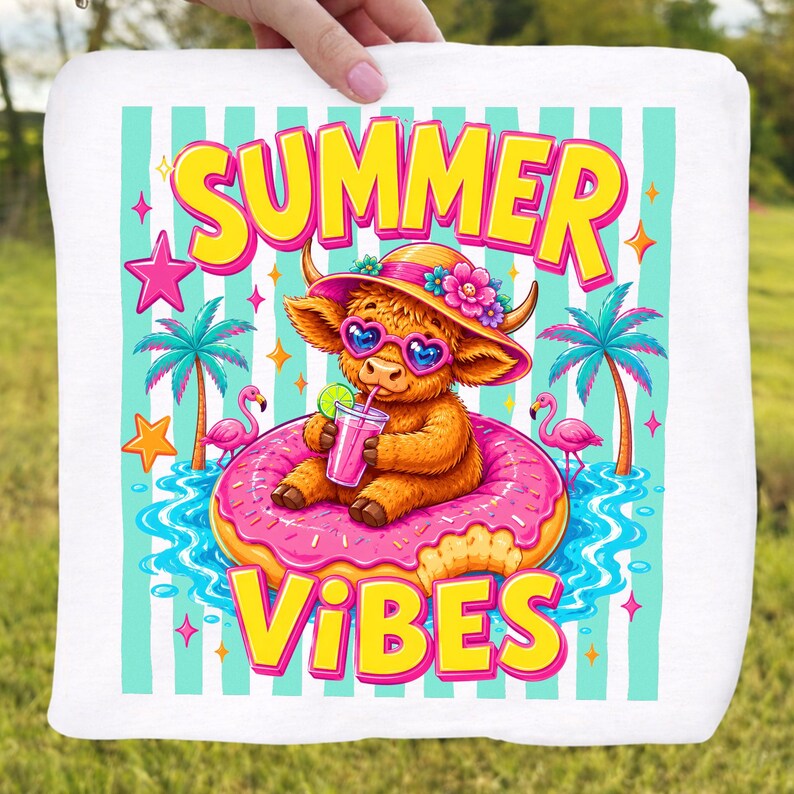 May include: White square towel with a colorful summer design. A cartoon Highland cow wearing sunglasses and a hat is floating on a pink donut in water. The words "SUMMER VIBES" are in yellow and pink.