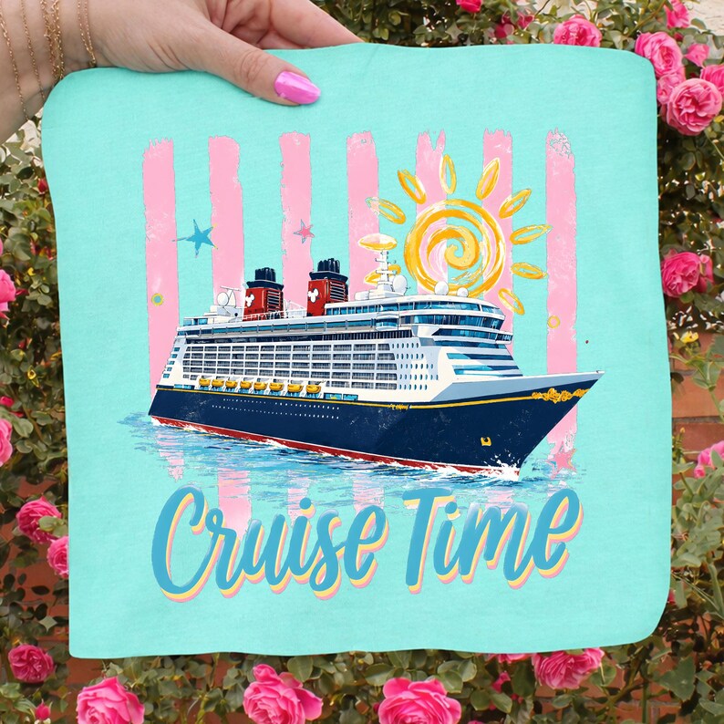 May include: A teal square featuring a cruise ship illustration with a yellow sun and the words "Cruise Time." The ship is navy blue with red accents, sailing on blue water. Pink vertical stripes and stars decorate the background.