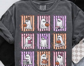 Reading Ghost Halloween Png, Pastel Spooky Ghost Clipart, Pumpkin Book Witch Hat Cute Fall Sublimation Png Shirt Design