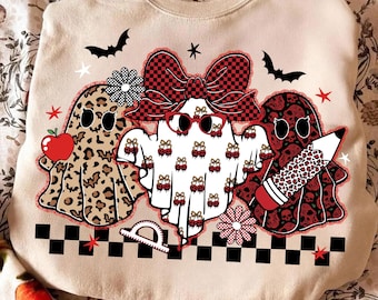 Preppy Teacher Ghost Png, Halloween Teacher Sublimation Design, Spooky Teacher Png, Ghost with Apple & Pencil, Retro School Halloween Png