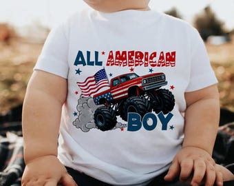 All American Boy PNG, Monster Truck 4. Juli Sublimation, Vaterländisches Kinder-Shirt-Design, Rot Weiß Blau PNG, Unabhängigkeitstag Png