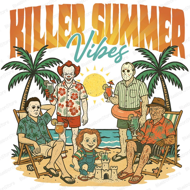May include: Illustration featuring horror movie characters enjoying a beach vacation. The image includes the text "KILLER SUMMER VIBES" above the characters. Palm trees, cocktails, and a sandcastle complete the summer theme.
