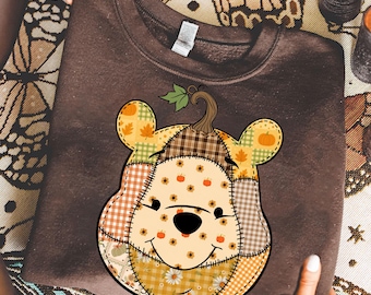 Herfst Pooh Bear png, patchwork pompoenbeer png, schattige herfstsublimatie, geruite herfstdier png, Thanksgiving png, digitale download