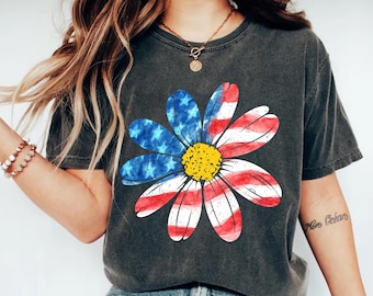 Patriotic Daisy PNG, 4th Of July Flower Clipart, American Flag Daisy Sublimation, USA Floral Shirt Design, Independence Day PNG Retro Flower