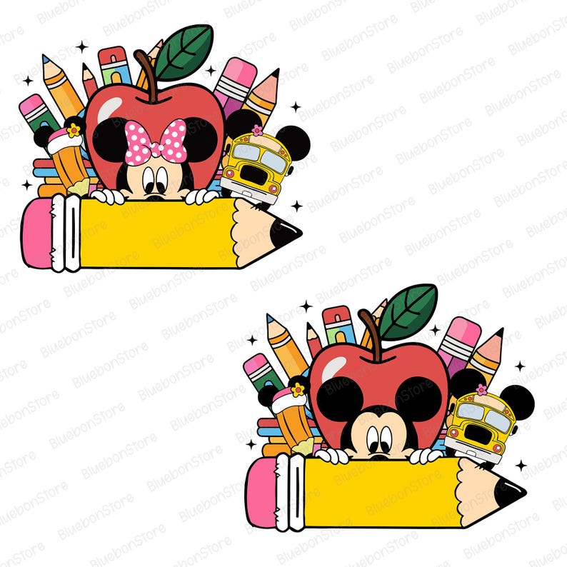 May include: A cartoon illustration featuring Mickey and Minnie Mouse peeking over a large yellow pencil. Surrounding them are pencils, an apple, and a school bus. The design is colorful and school-themed.