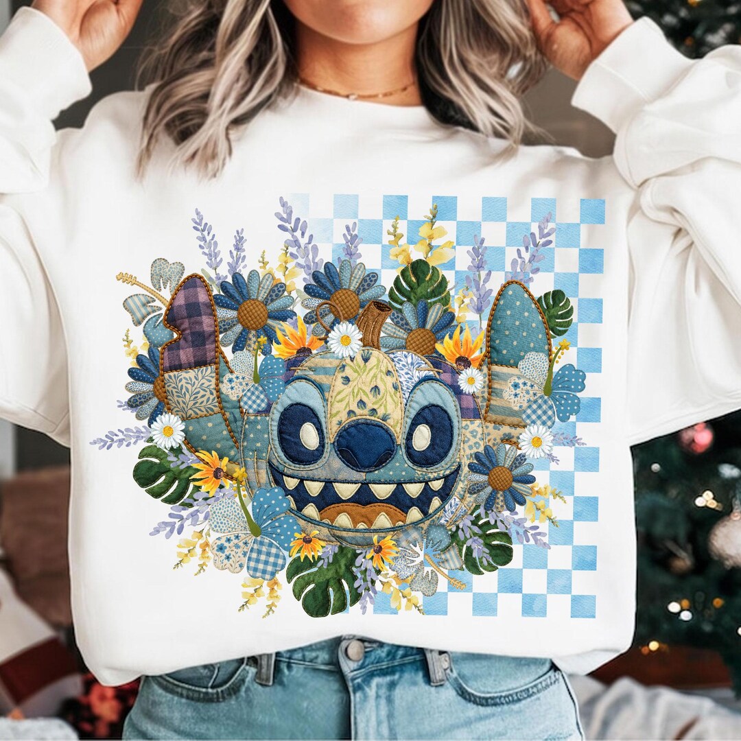 Patchwork Blue Alien Png, Floral Applique Sublimation Design, Vintage ...