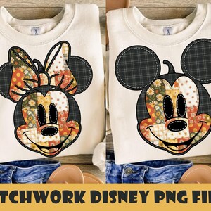Puede incluir: Dos sudaderas color crema con caras de Mickey y Minnie Mouse en patchwork. Los diseños incorporan patrones florales, a cuadros y de lunares en cálidos colores otoñales. El texto "PATCHWORK DISNEY PNG FILES" está en la parte inferior.