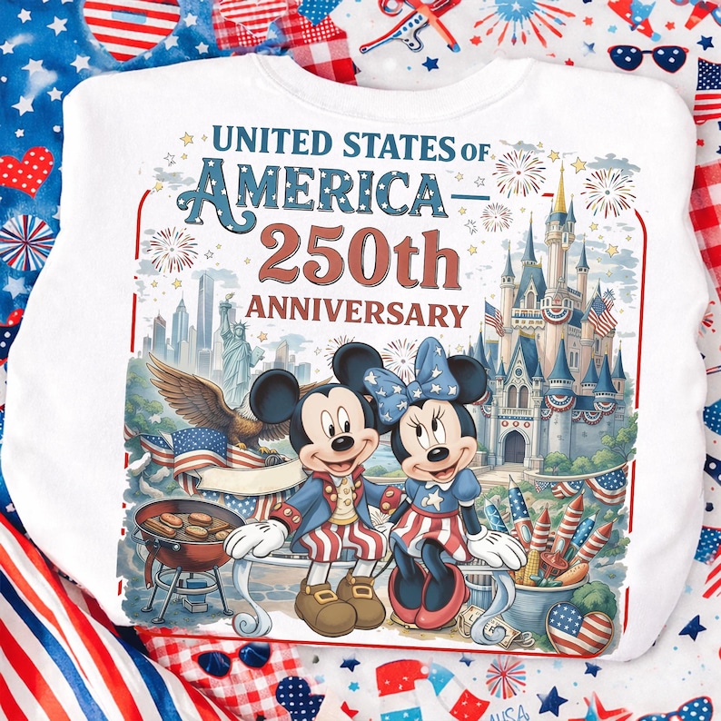 May include: White sweatshirt featuring Mickey and Minnie Mouse in patriotic attire, celebrating the 250th anniversary of the United States of America. The design includes fireworks, a castle, and the text "UNITED STATES OF AMERICA 250th ANNIVERSARY."