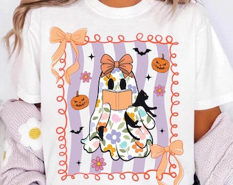 Coquette Floral Ghost Png, Halloween Sublimation Cute Ghost With Book & Cat, Coquette Bow Ghost Png, Spooky Cute Fall Digital Download