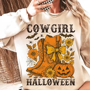 Retro Cowgirl Halloween Png, Western Pumpkin Boots Png, Spooky Season Fall Png, Rustic Halloween Sublimation, Country Girl Shirt Design