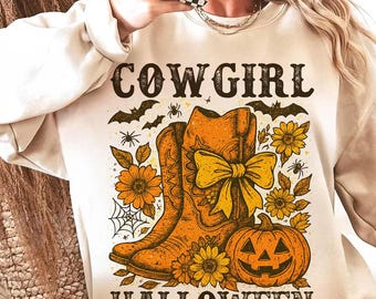 Retro Cowgirl Halloween Png, Western Pumpkin Boots Png, Spooky Season Fall Png, Rustic Halloween Sublimation, Country Girl Shirt Design