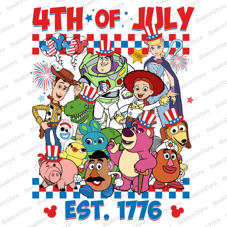 May include: A colorful illustration of characters from the Toy Story franchise wearing red, white, and blue patriotic hats. The text "4th of July" and "Est. 1776" are displayed on the image.