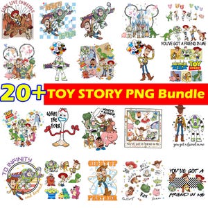 Könnte beinhalten: Eine Sammlung farbenfroher Toy Story PNG-Bilder mit Charakteren wie Woody, Buzz Lightyear und Jessie. Die Bilder enthalten verschiedene Designs, Phrasen und den Text "20+ TOY STORY PNG Bundle".