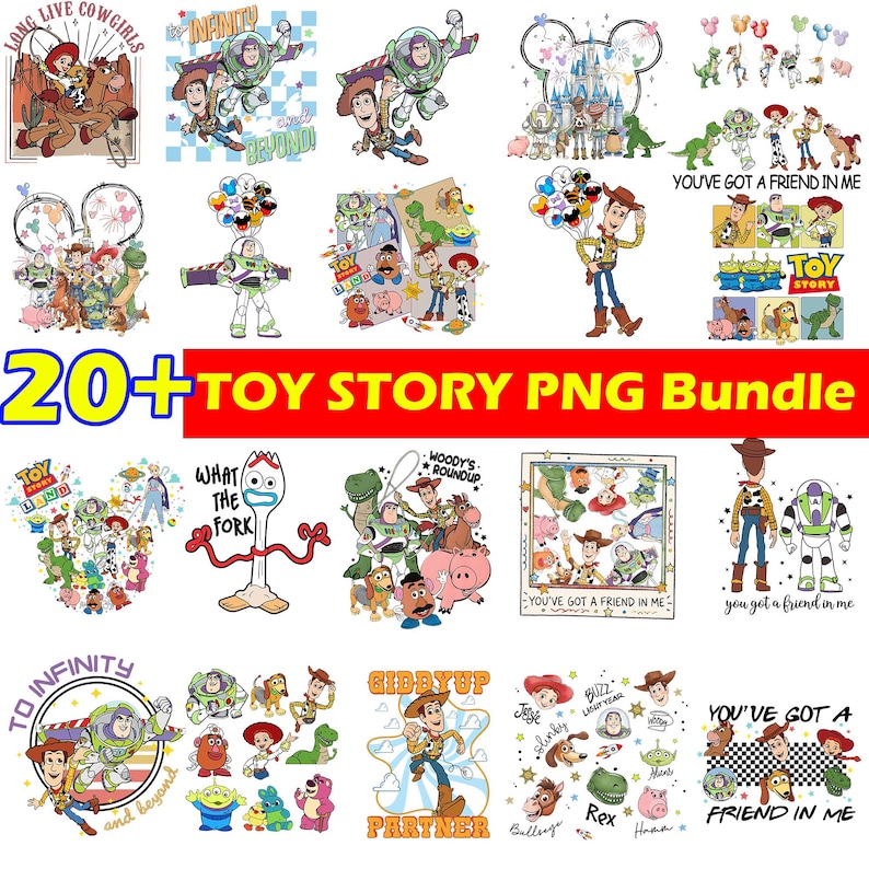Puede incluir: Una colecci&oacute;n de im&aacute;genes PNG coloridas de Toy Story con personajes como Woody, Buzz Lightyear y Jessie. Las im&aacute;genes incluyen varios dise&ntilde;os, frases y el texto "20+ TOY STORY PNG Bundle".