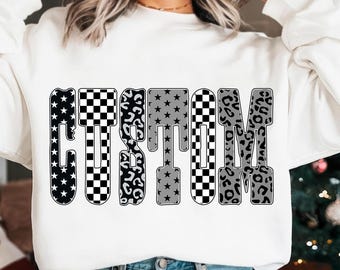Texto personalizado (PNG), letras con patrón retro (PNG), estampado de leopardo con estrellas a cuadros (PNG), diseño de sublimación DIY, PNG personalizado editable