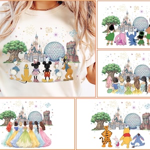 May include: Cream-colored t-shirt featuring a colorful graphic of Disney characters and landmarks. The design includes Mickey and Minnie Mouse, Donald and Daisy Duck, Goofy, and Pluto, with a castle, Spaceship Earth, and fireworks.
