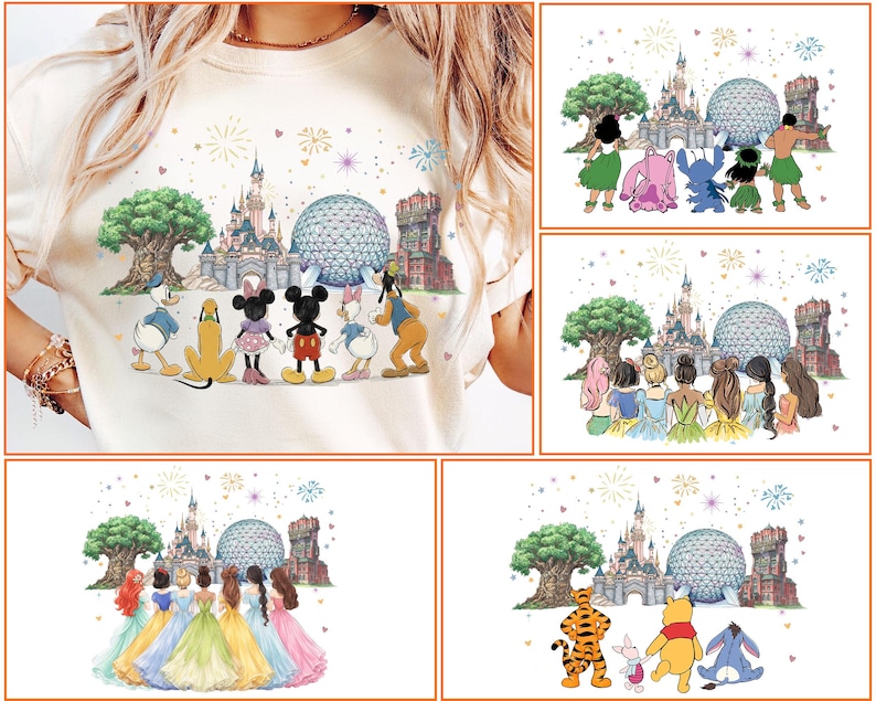 May include: Cream-colored t-shirt featuring a colorful graphic of Disney characters and landmarks. The design includes Mickey and Minnie Mouse, Donald and Daisy Duck, Goofy, and Pluto, with a castle, Spaceship Earth, and fireworks.
