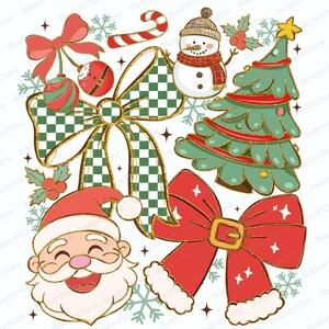 May include: A festive Christmas-themed illustration featuring a smiling Santa Claus, a snowman, a Christmas tree, and various decorative bows. The bows have a green and white checkered pattern, and the color palette includes red, green, and gold accents.