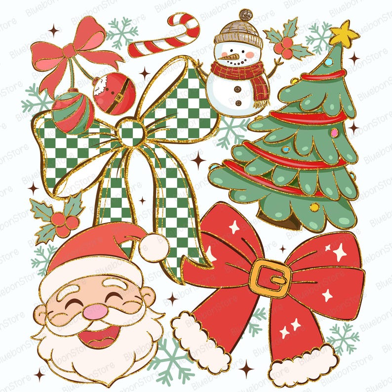 May include: A festive Christmas-themed illustration featuring a smiling Santa Claus, a snowman, a Christmas tree, and various decorative bows. The bows have a green and white checkered pattern, and the color palette includes red, green, and gold accents.