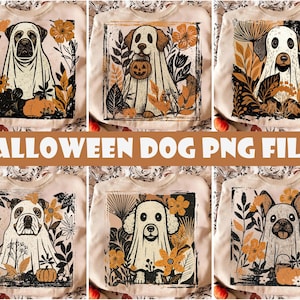 Puede incluir: Seis sudaderas beige con diseños de perros de Halloween. Cada diseño presenta una raza de perro diferente disfrazada de fantasma, rodeada de hojas de otoño y calabazas. El texto "HALLOWEEN DOG PNG FILES" se muestra en fuente marrón.