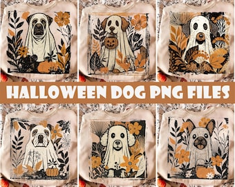 Ensemble chien Halloween Png, chien fantôme vintage Png, sublimation de chien floral citrouille d'automne effrayant, chien Boho automne Png, chien Halloween maman Png
