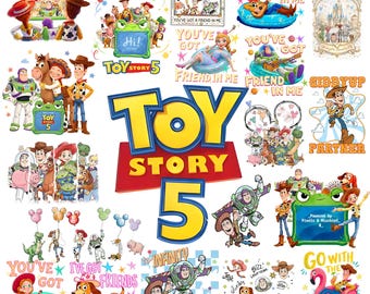 May include: A collection of Toy Story 5 graphic illustrations featuring Woody, Buzz Lightyear, Jessie, and other characters. The designs include text such as You've Got a Friend in Me, Giddyup Partner, and Go With the Flow, with colorful motifs.