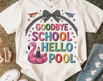 Colorful Goodbye School Hello Pool PNG, Summer Break Sublimation Design, Checker Bow Flamingo Floatie Png For Kids