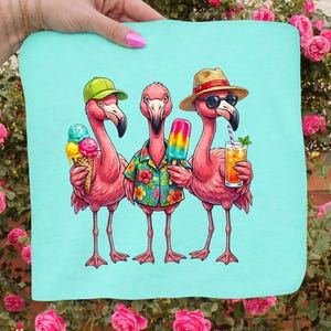 May include: A light blue square featuring three cartoon flamingos. One flamingo wears a green cap and holds an ice cream cone. Another wears a Hawaiian shirt and holds a popsicle. The third wears a hat and sunglasses, holding a drink.