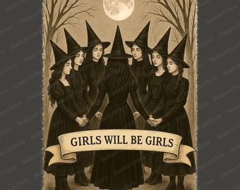 Witch Coven Png, Girls Holding Hands Halloween Png, Vintage Gothic Witch Shirt Sublimation Png, Feminist Dark Art Png