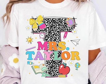 Personalisierter Lehrer Name Tag Png, zurück zu Schullehrer Png, niedlicher Lehrer T-Monogramm Png, personalisierte Schule Png, Crayon Apfel Png