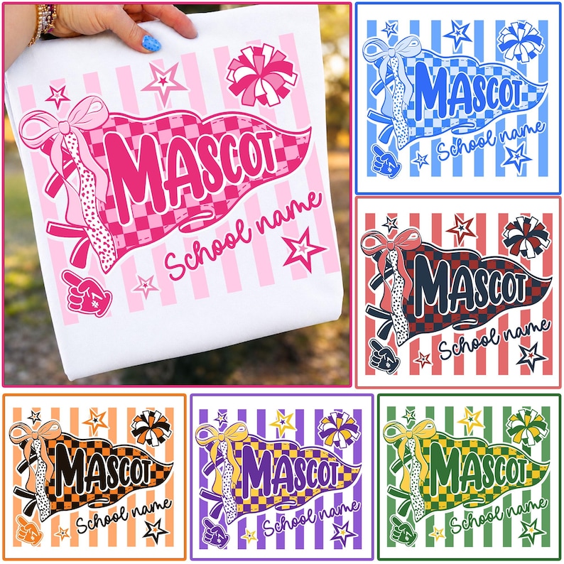 May include: A white t-shirt featuring a graphic of a checkered pennant flag with the text MASCOT and School name, accented by a large bow, a pom-pom, and a foam finger. The design is shown in six color variations: pink, blue, red, orange, purple, and green.