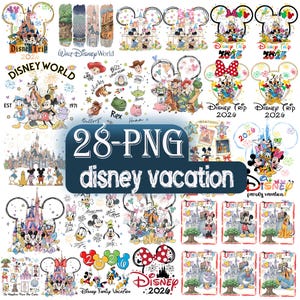 Może przedstawiać: Zbi&oacute;r 28 grafik PNG o tematyce Disneya, przedstawiających r&oacute;żne postacie, zamki i logo. Zawiera obrazy z tekstem, takim jak "Disney Trip 2026", "Disney World" i "Disney Family Vacation".