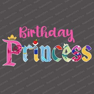 May include: A gray t-shirt with the text "Birthday Princess" in pink letters. The letters are decorated with images of Disney princesses, including Cinderella's glass slipper, Snow White's apple, and Belle's rose.