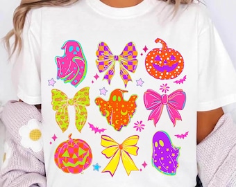 Neon Halloween Png, Cute Ghosts Bows Pumpkins Sublimation, Bright Coquette Halloween Shirt Design, Neon Spooky Digital Download