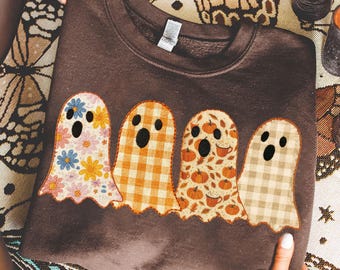 Cute Fall Ghosts Png, Autumn Patchwork Ghost Png, Halloween Retro Pumpkin Png, Fall Season Shirt Design Png, Halloween Ghost Png